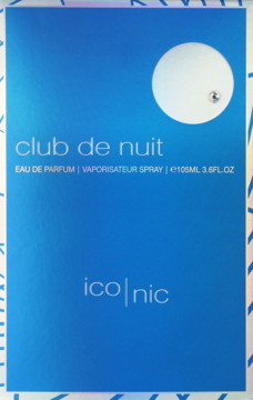 Opakowanie Armaf Club de Nuit Blue Iconic, perfumy męskie, niebieskie z holograficznymi bokami, widok z przodu.