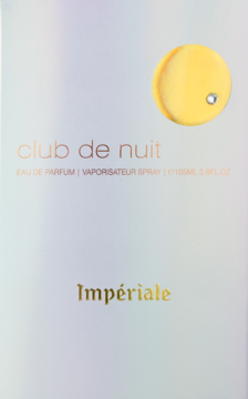 Białe opakowanie Armaf Club de Nuit Imperiale EDP 105ml, z żółtym detalem i złotymi napisami, widok z przodu.