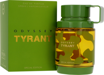 Męska woda perfumowana Armaf Odyssey Tyrant: zielono-złota butelka z kamuflażem stojąca obok pasującego opakowania.
