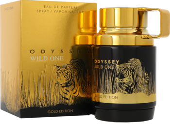 Męska woda perfumowana Armaf Odyssey Wild One Gold Edition: czarna butelka ze złotym tygrysem obok złotego pudełka.