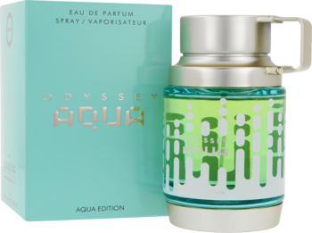 Armaf Odyssey Aqua Edition męska woda perfumowana. Zielona butelka ze srebrnym korkiem, obok turkusowego pudełka, widok z przodu.