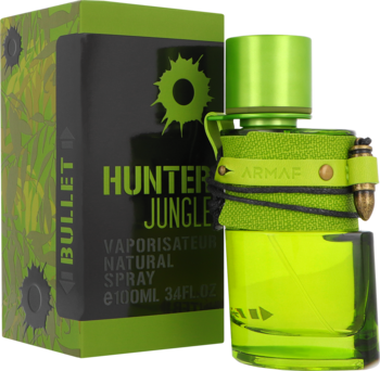 Armaf Hunter Jungle Green EDP: zielona butelka z czarną opaską i mosiężnymi nabojami oraz pasujące opakowanie z grafiką.