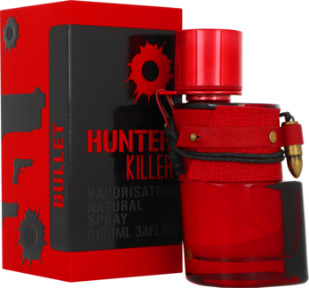 Armaf Hunter Killer męska woda perfumowana, czerwona butelka z motywem naboju i pasujące pudełko z kulami. Widok z przodu.