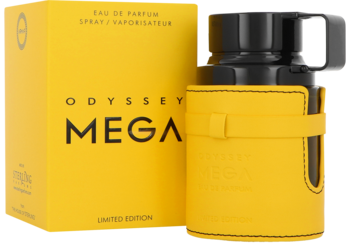 Armaf Odyssey Mega męska woda perfumowana. Żółta butelka z czarnym korkiem, detal paska. Obok żółte pudełko.