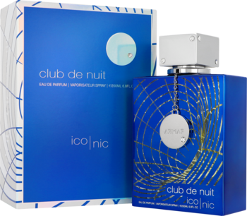 Armaf Club de Nuit Blue Iconic, woda perfumowana, niebieska butelka i pudełko z złotymi wzorami, widok pod kątem.