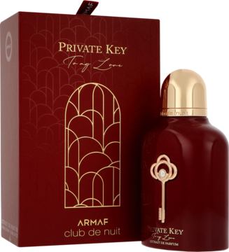 Armaf Private Key To My Love woda perfumowana, ciemnoczerwona butelka z kluczem, obok pasujące pudełko.