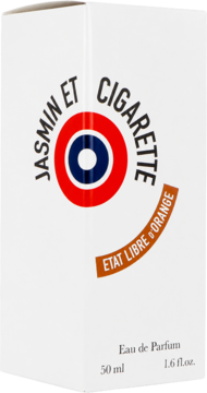 Białe pudełko perfum Jasmin Et Cigarette Etat Libre d'Orange, 50 ml Eau de Parfum, z logo, lekko pod kątem.