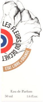 White Les Fleurs du Dechet I Am Trash perfume box, abstract illustration, French target logo, Etat Libre D'Orange.