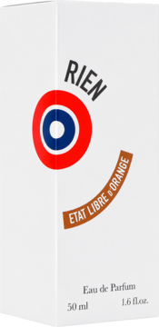 Etat Libre D'Orange Rien EDP 50ml. Białe pudełko z logo i brązową zakrzywioną etykietą "Etat Libre D'Orange". Z przodu.