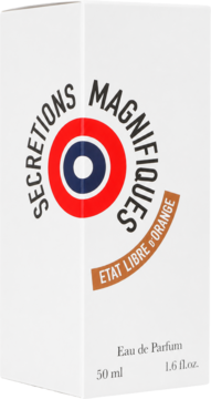 Białe pudełko perfum Etat Libre D'Orange Secretions Magnifiques EDP 50ml, z okrągłym logo i brązową etykietą, widok z przodu.