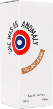 Białe pudełko perfum Etat Libre D'Orange She Was An Anomaly 50ml z okrągłym logo celownika, widok z przodu.