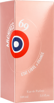Perfumy Etat Libre D'Orange Archives 69 unisex. Różowo-złote opakowanie z okrągłym, czerwono-niebieskim logo. Widok z przodu pod kątem.