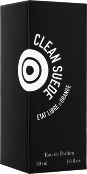 Czarne pudełko perfum unisex Clean Suede Etat Libre d’Orange 50ml, z białym logo i pionowym napisem, widok z przodu pod kątem.