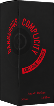 Woda perfumowana unisex Etat Libre d’Orange Dangerous Complicity, czarne kartonowe pudełko z czerwonym napisem, widok pod kątem.