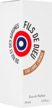 Białe opakowanie Fils de Dieu Etat Libre d'Orange Eau de Parfum 50ml, z przodu, z okrągłym logo i brązowym bannerem.