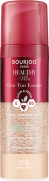 Bourjois Healthy Mix Glow Tint Essence 015 Fair Light. Wysoka butelka z czerwonym topem, transparentne dno z rozświetlającą esencją, widok z przodu.