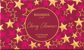 Bourjois Cherry Glamour paleta cieni do powiek. Bordowe opakowanie w złote i różowe gwiazdki, napis "Cherry Glamour".