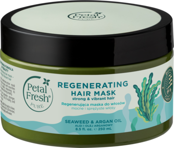 Maska Petal Fresh Pure Regenerating do włosów, zielony słoik z algami i arganem, widok z przodu na białym tle.