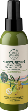 Petal Fresh Pure nawilżająca odżywka w sprayu z UV, winogronami i oliwą, zielona butelka, widok z przodu.