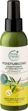 Spray Petal Fresh PURE Nawilżająca Odżywka UV z pestek winogron i oliwek, zielona butelka, widok z przodu.