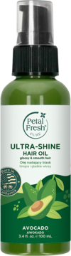 Olej do włosów Petal Fresh Ultra-Shine Avocado, zielona butelka z pompką, widok z przodu. Nadaje blask i wygładza.