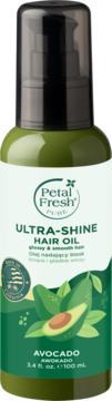 Petal Fresh Ultra-Shine Hair Oil Avocado, oliwkowa butelka z czarną pompką, front, etykieta z awokado.