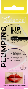 Bielenda Ginger Plumping Lip Balm w żółto-różowym opakowaniu, z efektem pieczenia i optycznie powiększającym.