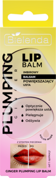 Bielenda Ginger Plumping Lip Balm w żółto-różowym opakowaniu, z efektem pieczenia i optycznie powiększającym.
