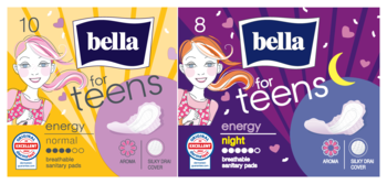 Bella for Teens Energy: ultracienkie podpaski normal (10) i night (8) z delikatnym zapachem, widok z przodu.