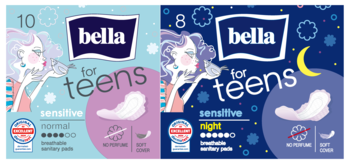 Zestaw podpasek Bella for Teens Sensitive: normal (błękitne) i night (granatowe), ultracienkie, bezzapachowe.