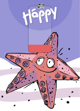 Ilustracja z opakowania chusteczek Bella Baby Happy: uśmiechnięta różowa rozgwiazda i napis HAPPY z rozładowaną baterią.