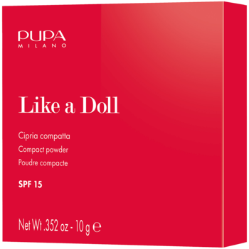 Czerwone opakowanie pudru prasowanego Pupa Milano Like a Doll z białym napisem, SPF 15, widok z przodu.