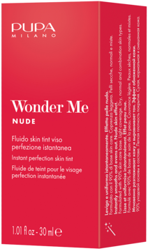 Czerwone opakowanie PUPA MILANO Wonder Me Nude skin tint, widoczne z przodu i boku, z białymi napisami.
