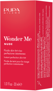 PUPA Wonder Me NUDE skin tint 30ml, czerwone pudełko, widok z przodu pod kątem. Lekki podkład nawilżający.