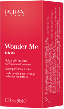 PUPA Wonder Me NUDE skin tint 30ml, czerwone pudełko, widok z przodu pod kątem. Lekki podkład nawilżający.