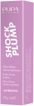 Pupa Milano Shock Plump instant volume lip gloss w pionowym lawendowym pudełku, widok frontalny, pH Reactive.