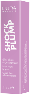 Fioletowe opakowanie PUPA MILANO Shock Plump, instant volume lip gloss, widok z przodu pod kątem.