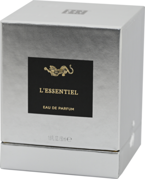 Srebrzyste pudełko perfum Rituals L'Essentiel, damska woda perfumowana, z czarną etykietą i złotym tygrysem.