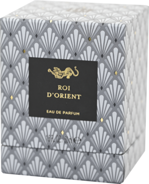 Rituals Roi D'Orient woda perfumowana w szaro-białym pudełku ze złotymi detalami i tygrysem, widok ukośny.