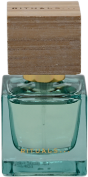 Rituals Soleil D'Or, damska woda perfumowana w turkusowej szklanej butelce z drewnianym korkiem, widok z przodu.