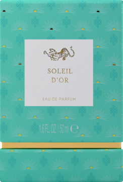 Rituals Soleil D'Or Eau de Parfum, turkusowy kartonik z białym panelem, złotym tygrysem i nazwą.