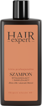 HAIR expert profesjonalny szampon wygładzający z 24k złotem i Monoi, ciemna butelka z pomarańczową etykietą, widok z przodu.