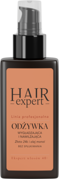 Brązowa butelka Hair Expert odżywki bez spłukiwania z 24k złotem i monoi, z pompką, widok z przodu.