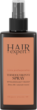 Hair Expert termoochronny spray wygładzający włosy 24k złoto. Prostokątna ciemna butelka z pomarańczową etykietą, widok z przodu.