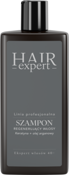 Profesjonalny szampon Hair Expert z keratyną i olejem arganowym, ciemna butelka, widok z przodu.