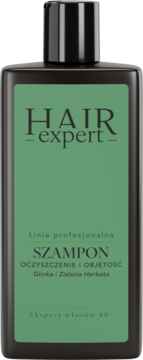 Szampon Hair Expert Oczyszczenie i Objętość, z zieloną glinką, ciemna butelka z zieloną etykietą, z przodu.