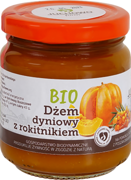 Słoik ekologicznego dżemu dyniowego z rokitnikiem Juchowo Farm, z grafiką dyni i rokitnika, widok z przodu.