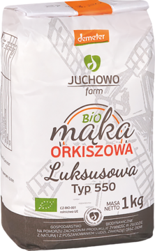 Biała torba bio mąki orkiszowej Luksusowej Typ 550 Juchowo Farm, z brązowym logo i grafiką wiatraka.