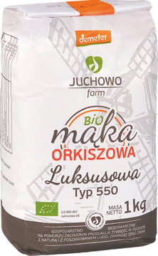 Biała torba bio mąki orkiszowej Luksusowej Typ 550 Juchowo Farm, z brązowym logo i grafiką wiatraka.