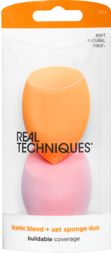 Real Techniques Iconic Blend + Set Sponge Duo: pomarańczowa i różowa gąbka w przezroczystym opakowaniu.